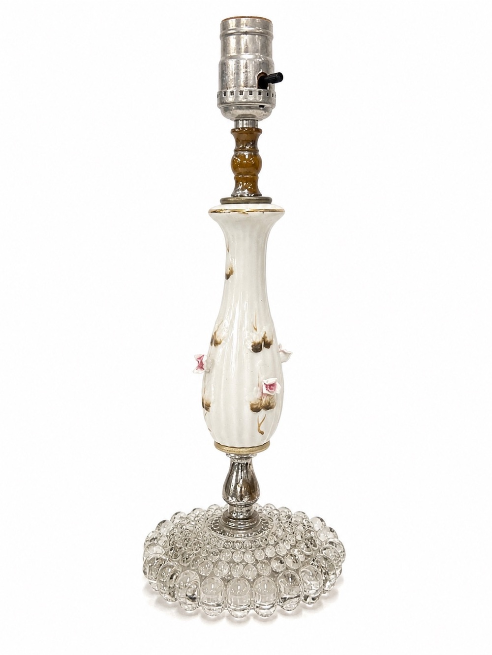 Vintage White Porcelain Table Lamp with Glass Hobnail Base